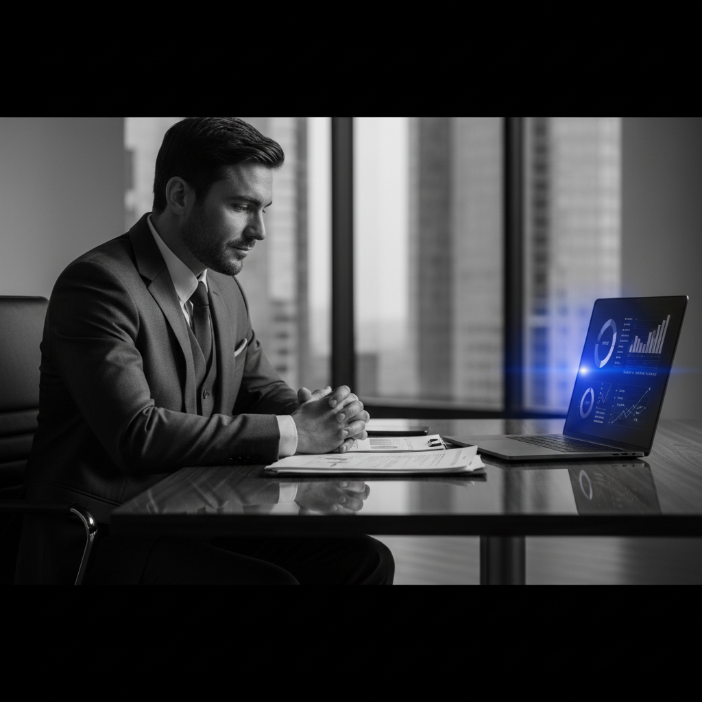 Consultor especialista analisando relatório de crédito em escritório corporativo