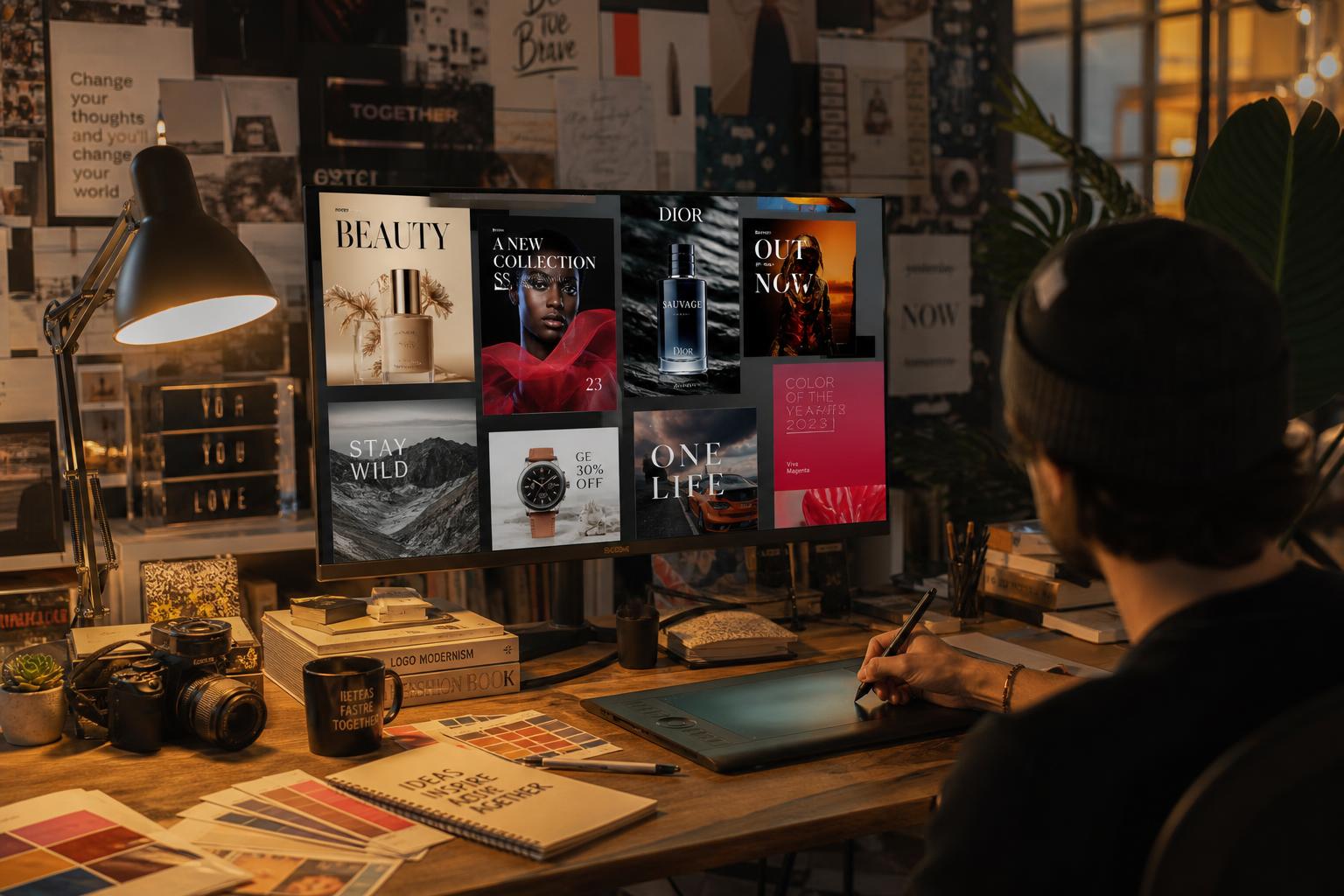 Workspace de design com criativos para redes sociais