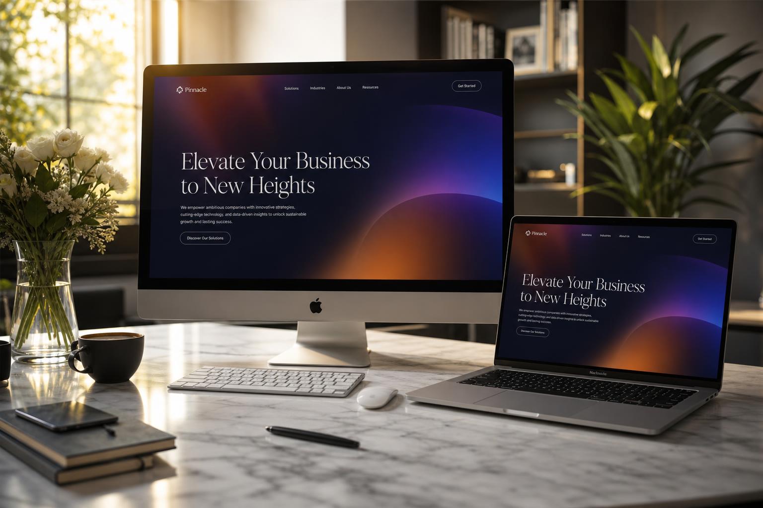 Site institucional premium exibido em iMac e MacBook